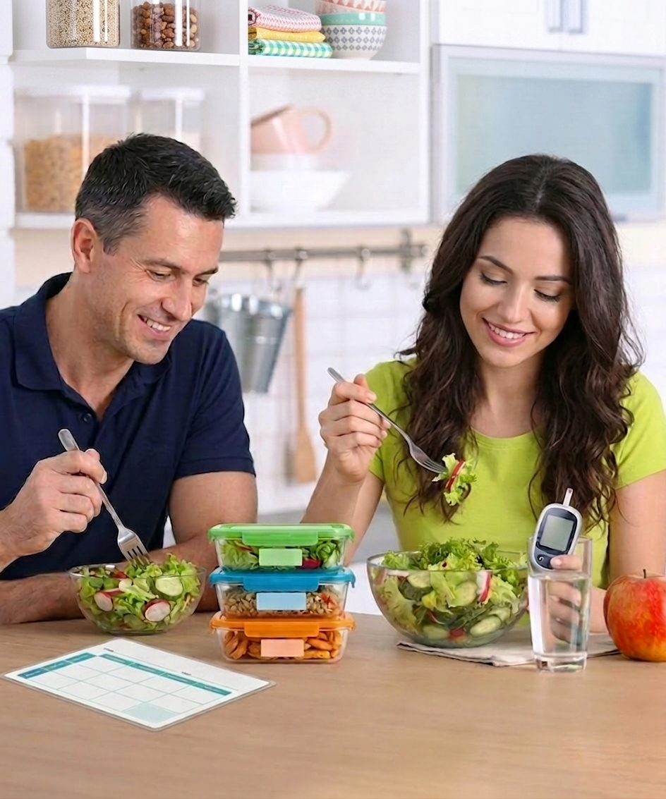 Pareja disfrutando comida saludable con alimentación equilibrada
